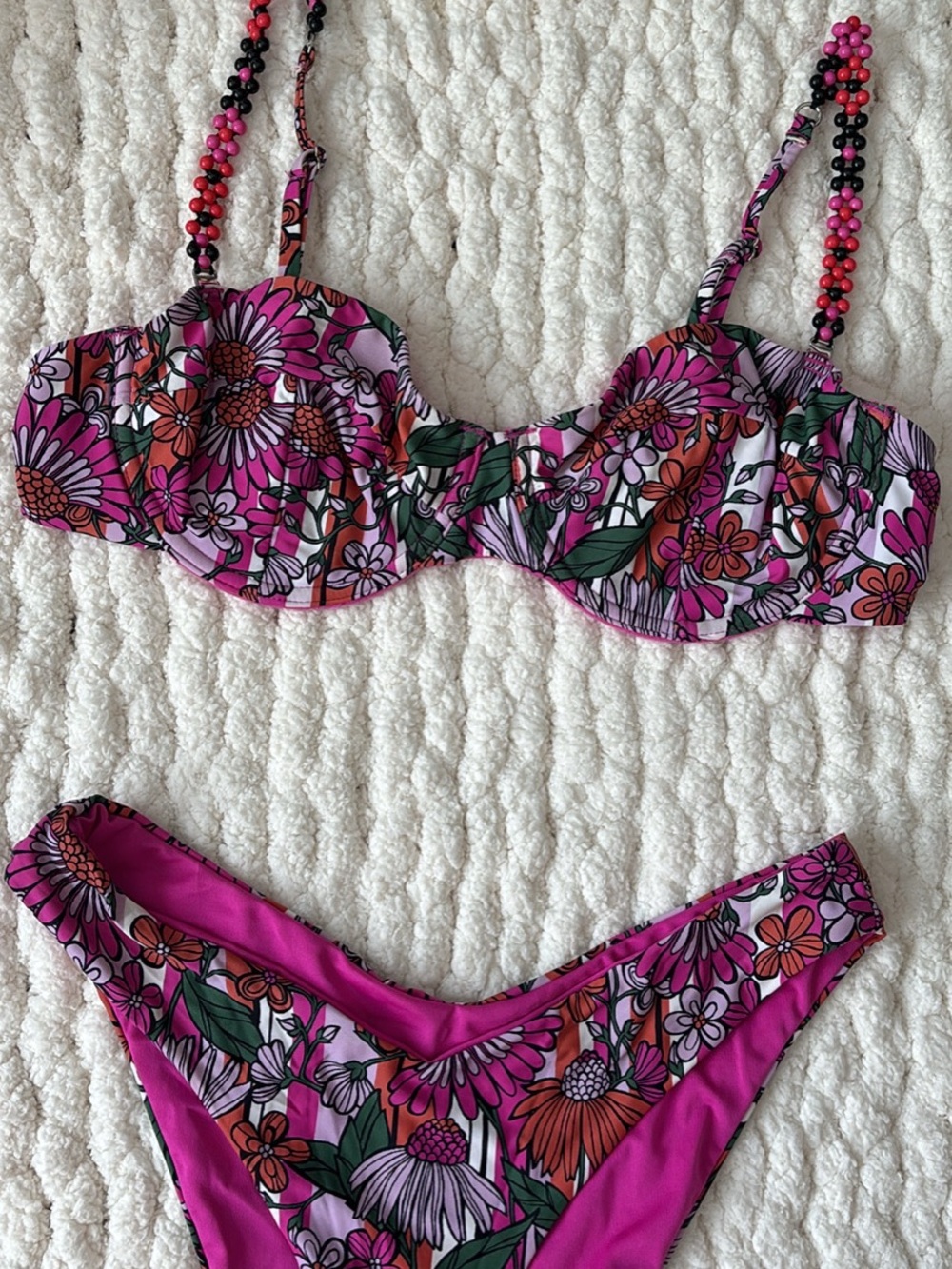 Floral Pink Underwire Bikini Set with Beaded Straps